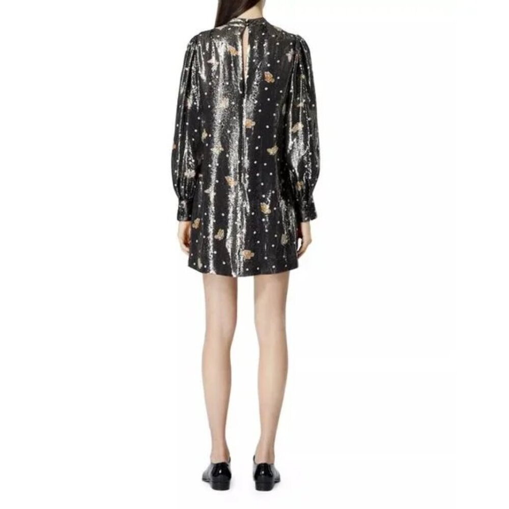 THE KOOPLES Short Silk-Blend Lamé Butterfly Dress Black NWT - Picture 2 of 11
